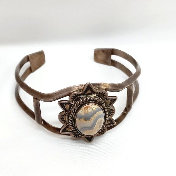 Navajo Sterling Silver Jasper Stone Bracelet SIGNED - Picture 5 of 10